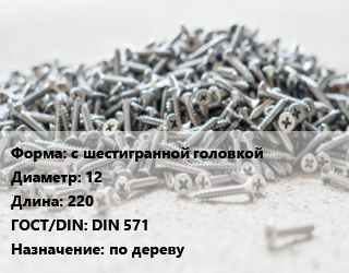 Шуруп с шестигранной головкой 12х220 ГОСТ: DIN 571 по дереву, кг цена от 271.3 Тг / кг, где купить, условия доставки в Шымкенте и Южно-Казахстанской области